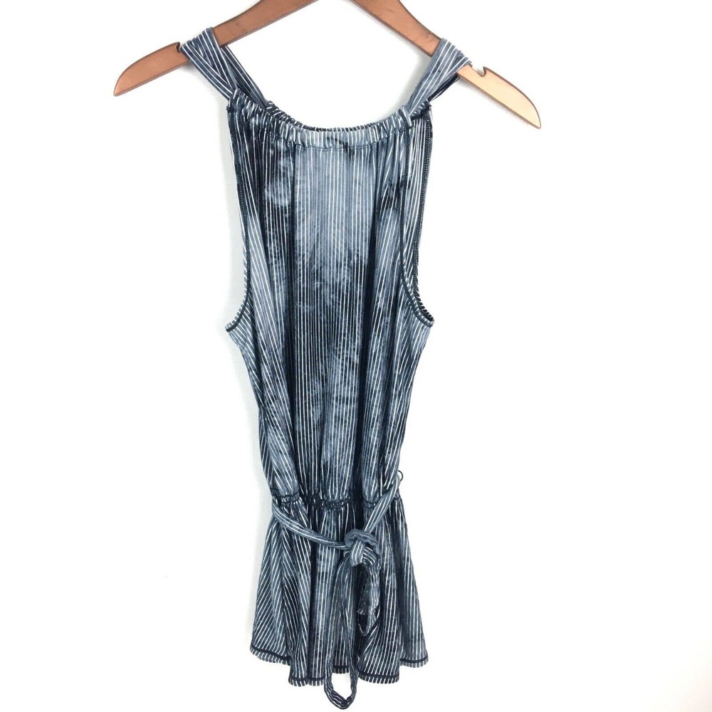 Chelsea Violet Womens Top Large Blue Striped Tunic Tie Waist Sleeveless